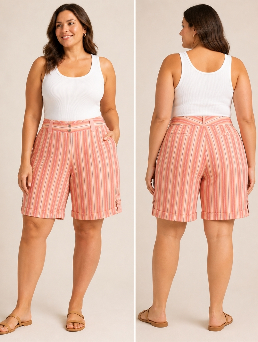 Chico's Bella Zimmie Pink Striped Linen Bermuda Shorts Chicos Size 2 (Large 12)